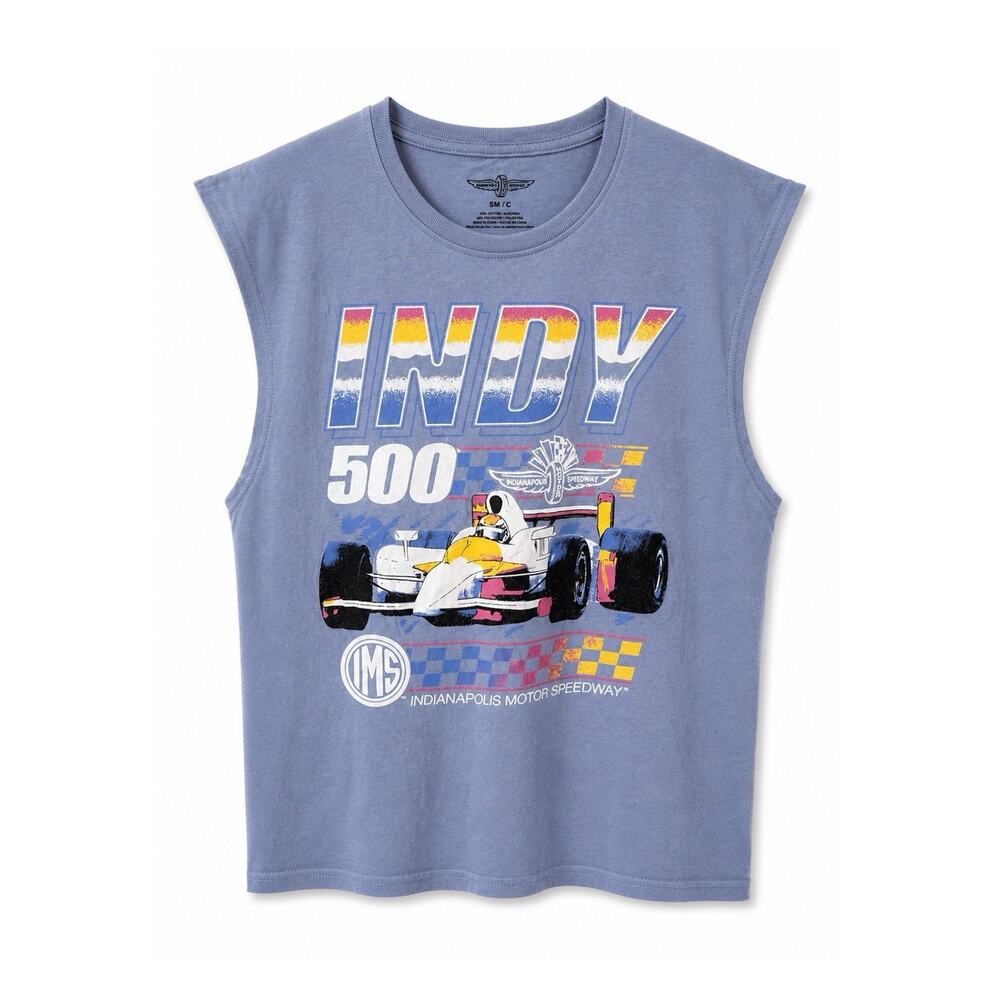Mad Engine Men's Blue Indy 500 IMS Graphic Logo Crew Neck Sleeveless Tee SM